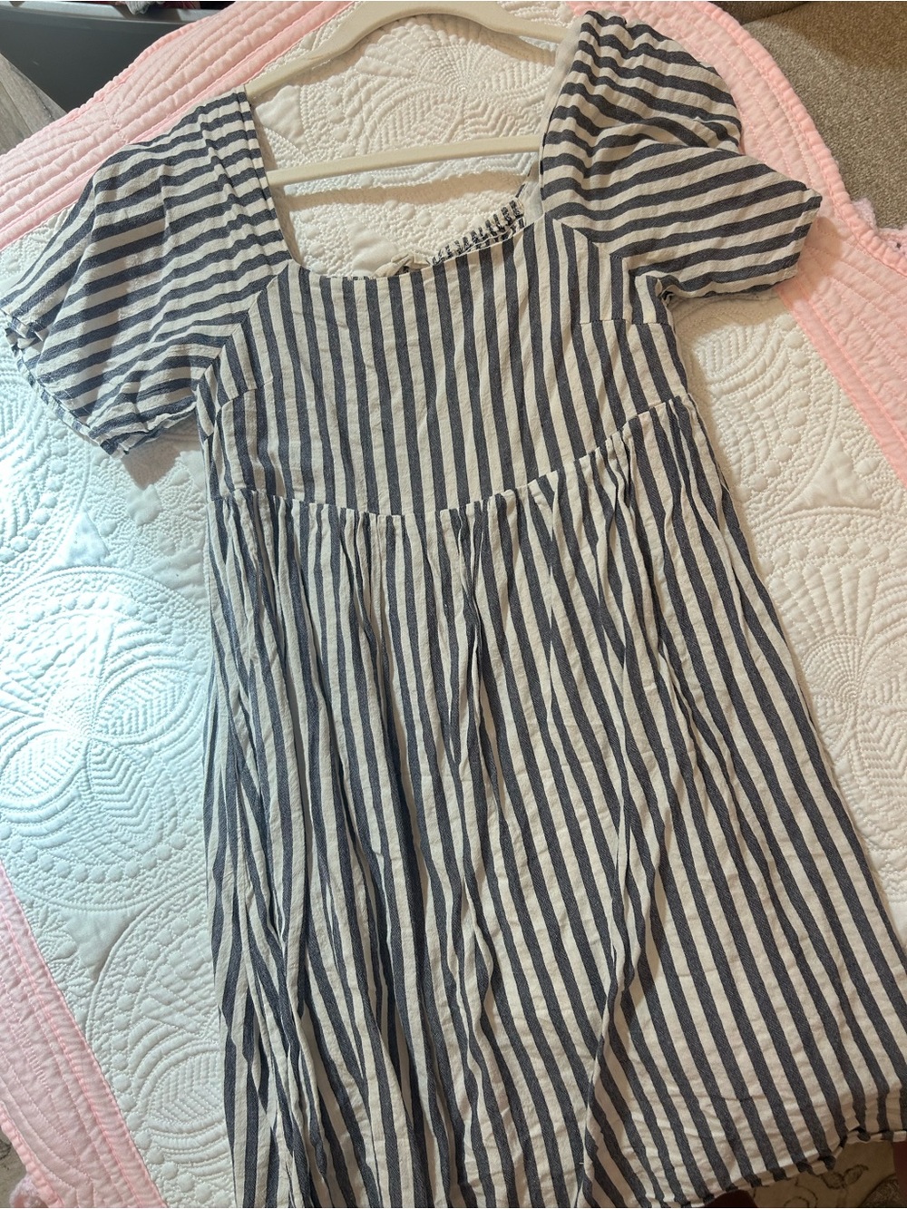 Striped Square-Neck Puff Sleeve Babydoll Dress - Navy & White